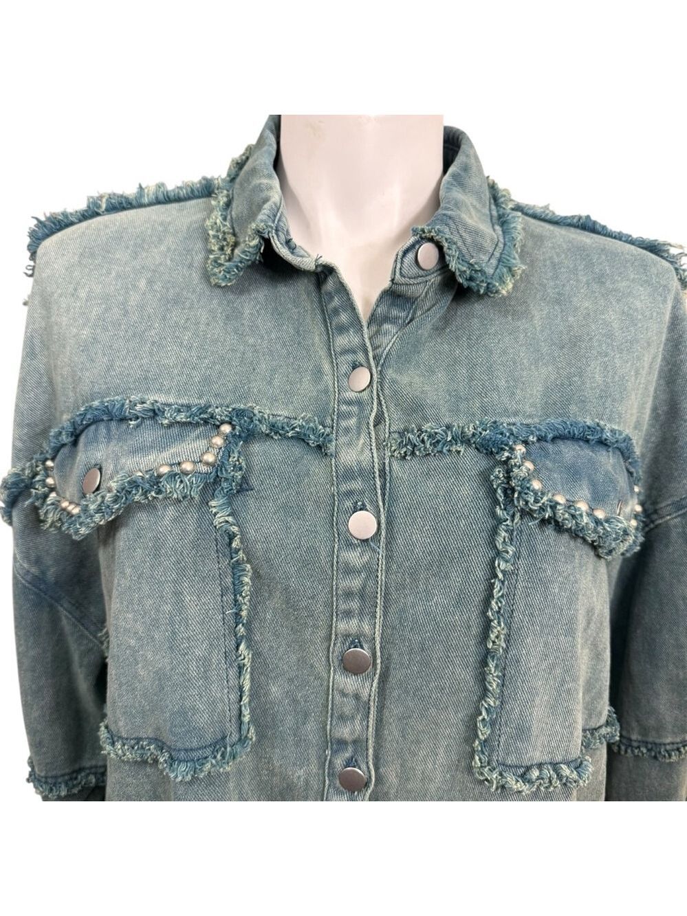 POL Frayed Denim Shacket Jacket Size L Blue Snap Front Distressed Western Style - Picture 2 of 10